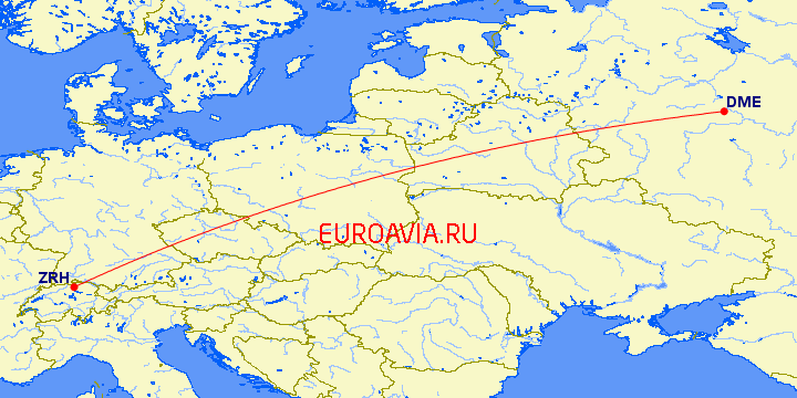 перелет Москва — Цюрих на карте