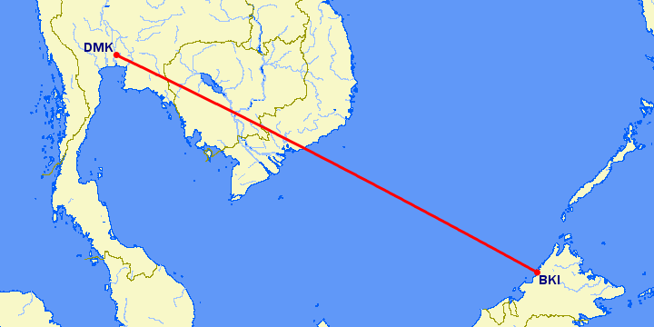 перелет Бангкок — Kota-Kinabalu на карте