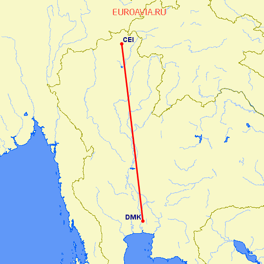 перелет Бангкок — Чианг Рай на карте