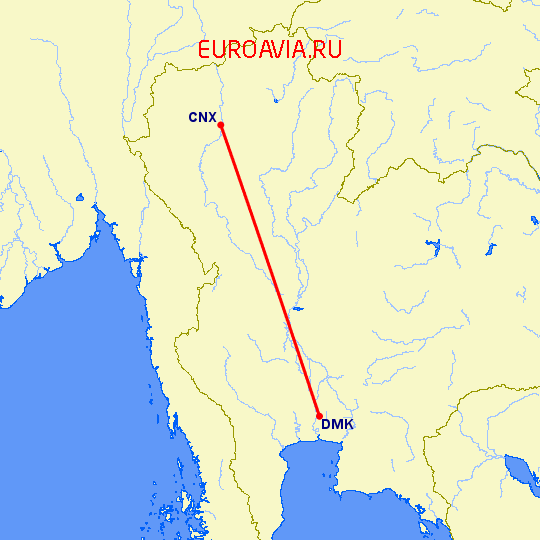 перелет Бангкок — Чианг Май на карте