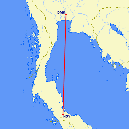 перелет Бангкок — Хат Яй на карте