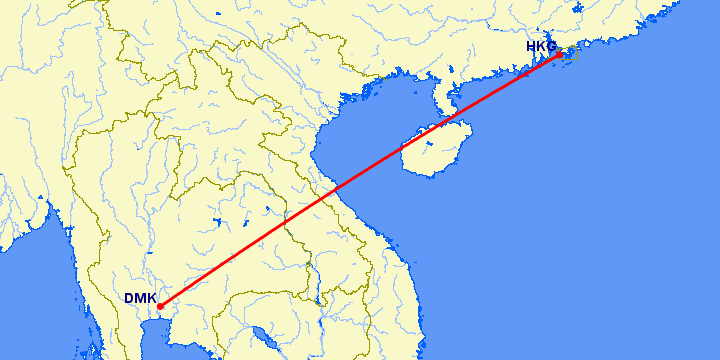 перелет Бангкок — Гонконг на карте