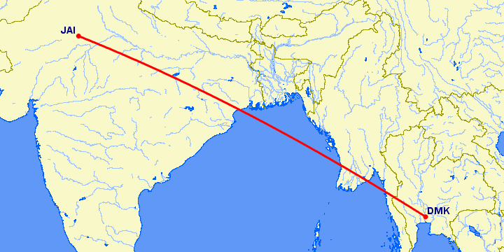 перелет Бангкок — Джайпур на карте