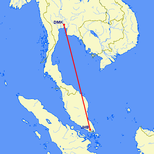перелет Бангкок — Джохор Бару на карте