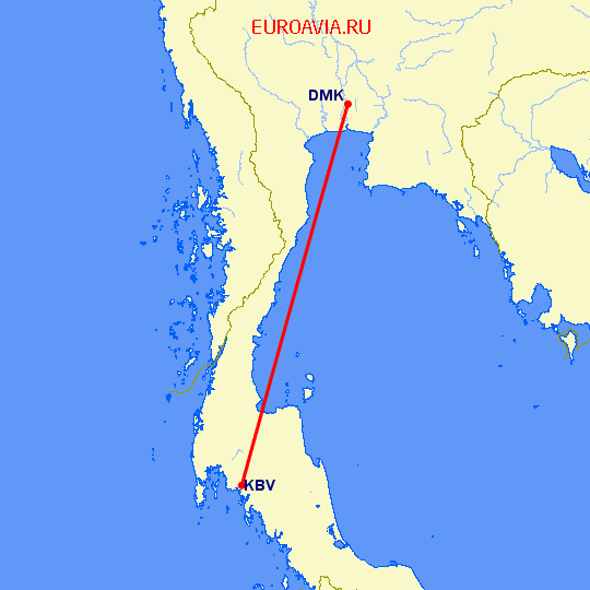 перелет Бангкок — Краби на карте