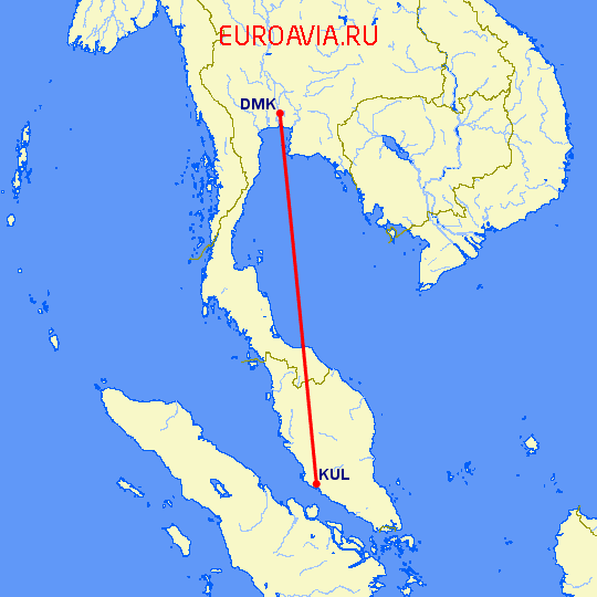 перелет Бангкок — Куала Лумпур на карте