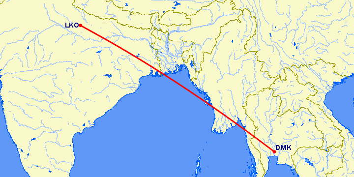 перелет Бангкок — Лакнау на карте