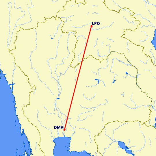 перелет Бангкок — Луанг Прабанг на карте