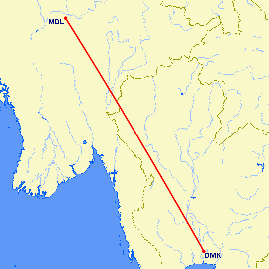 перелет Бангкок — Мандалай на карте