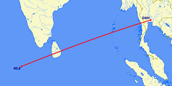 перелет Бангкок — Мале на карте