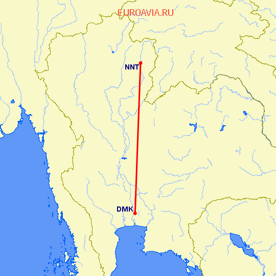 перелет Бангкок — Нан на карте
