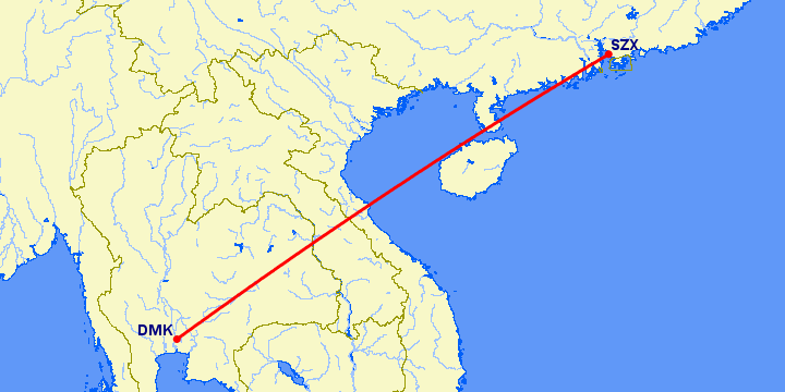 перелет Бангкок — Шэньчжэнь на карте