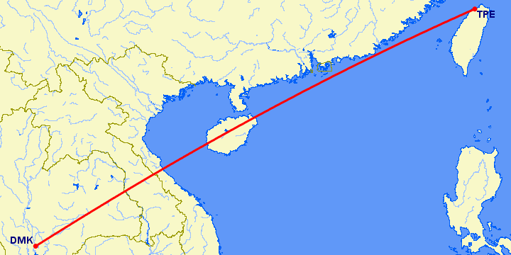 перелет Бангкок — Тайбэй на карте