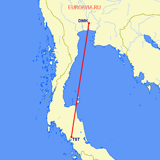 перелет Бангкок — Транг на карте