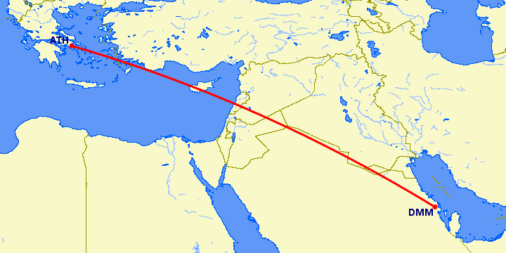 перелет Даммам — Афины на карте