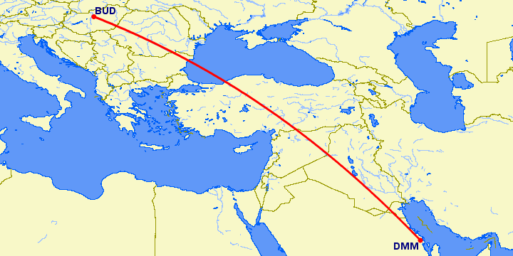 перелет Даммам — Будапешт на карте