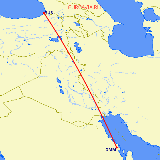 перелет Даммам — Батуми на карте