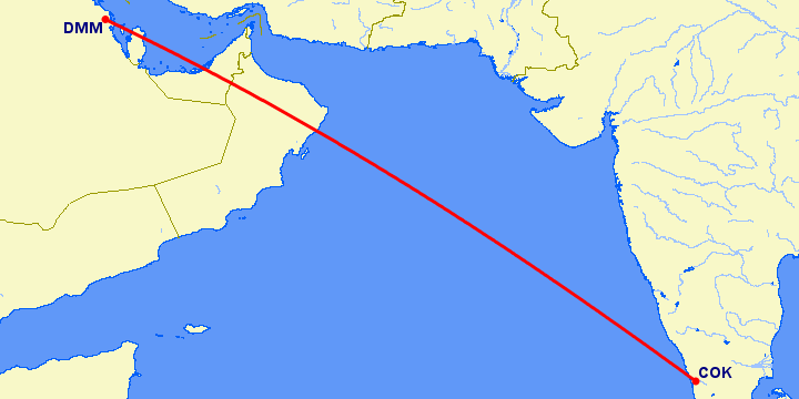перелет Даммам — Кочи на карте