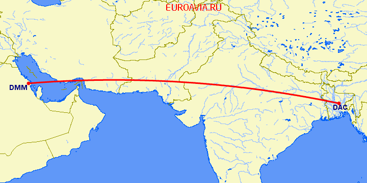 перелет Даммам — Dhaka на карте