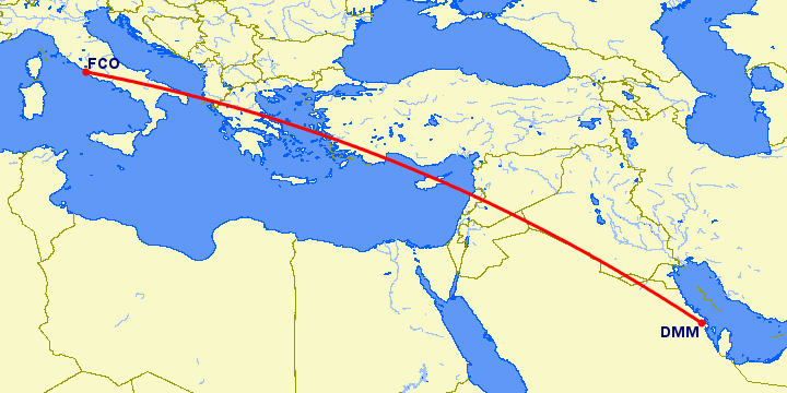 перелет Даммам — Рим на карте