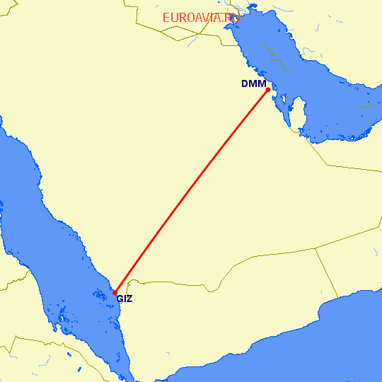 перелет Даммам — Jazan на карте
