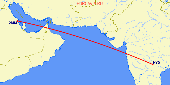 перелет Даммам — Хидерабад на карте