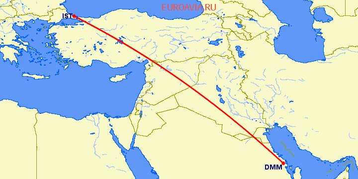 перелет Даммам — Стамбул на карте