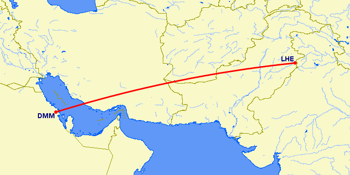 перелет Даммам — Лахор на карте