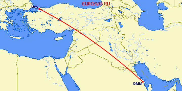 перелет Даммам — Стамбул на карте