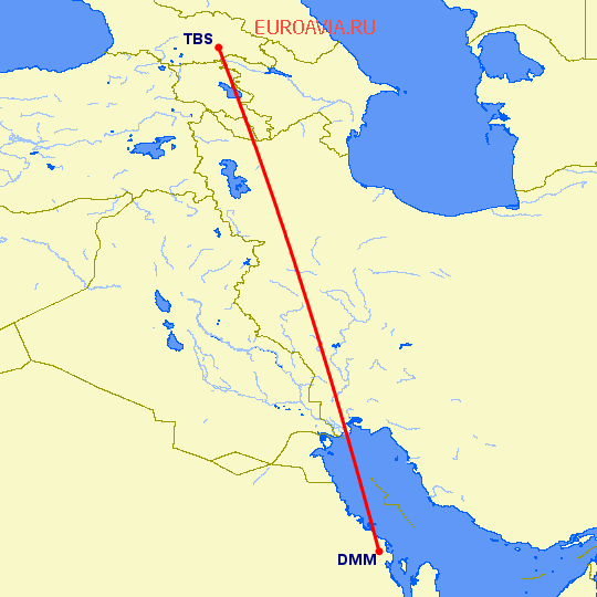 перелет Даммам — Тбилиси на карте