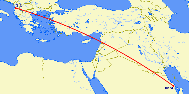 перелет Даммам — Тирана на карте