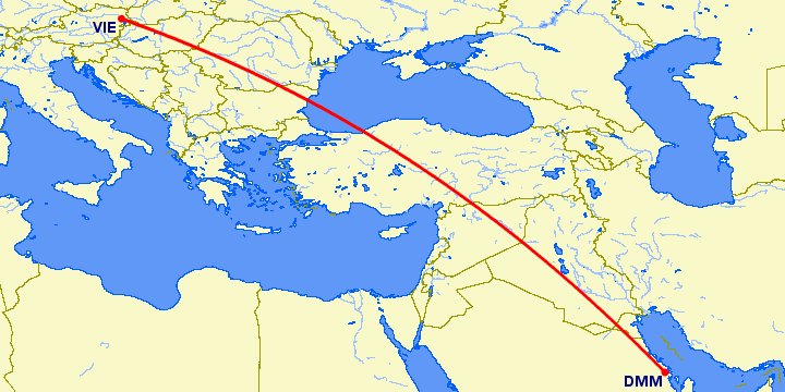 перелет Даммам — Вена на карте