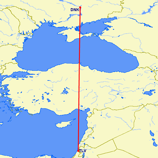 перелет Днепропетровск — Тель Авив на карте