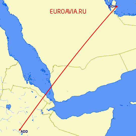 перелет Доха — Аддис Абеба на карте