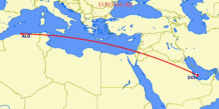 перелет Доха — Алжир на карте