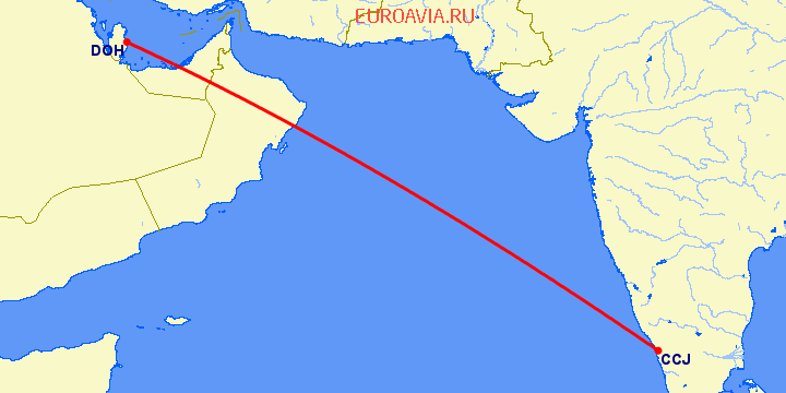 перелет Доха — Kozhikode на карте