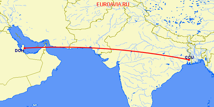 перелет Доха — Kolkata на карте