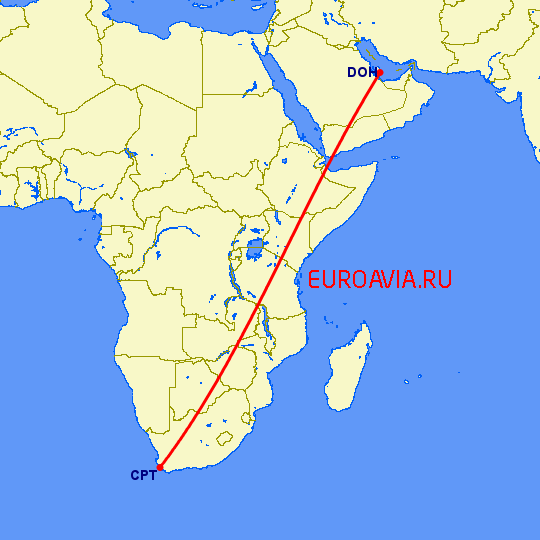 перелет Доха — Кейптаун на карте