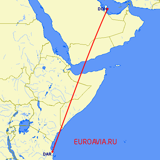 перелет Доха — Дар Ес Салаам на карте