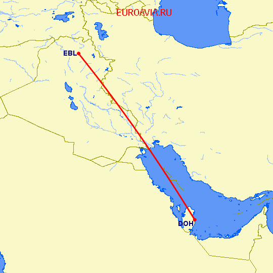 перелет Доха — Эрбиль на карте