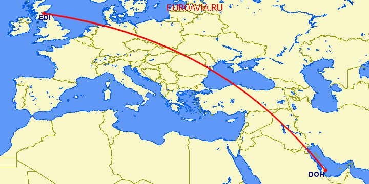 перелет Доха — Эдинбург на карте