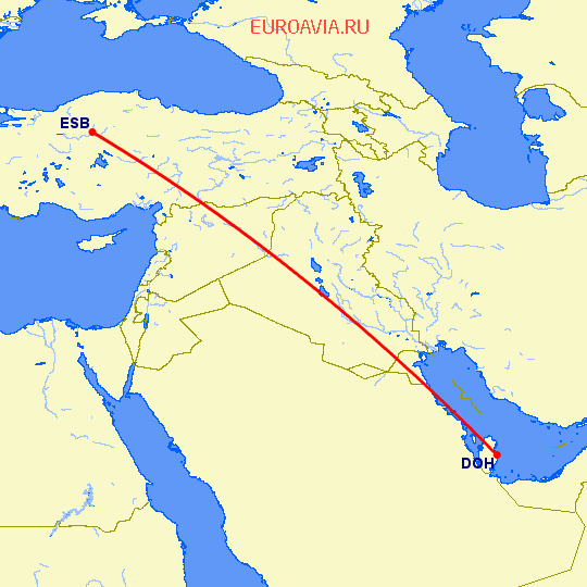 перелет Доха — Анкара на карте