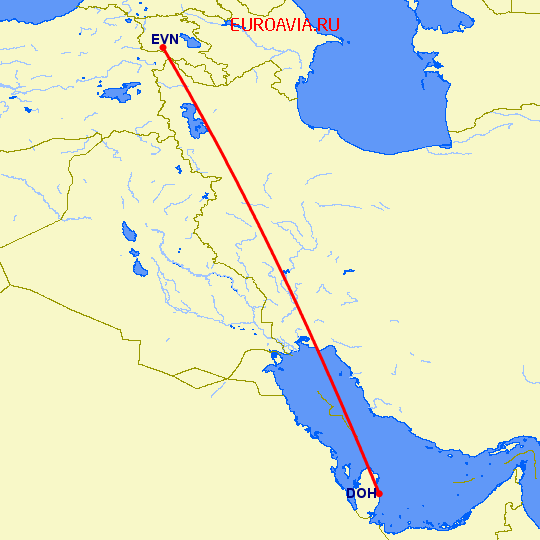перелет Доха — Ереван на карте