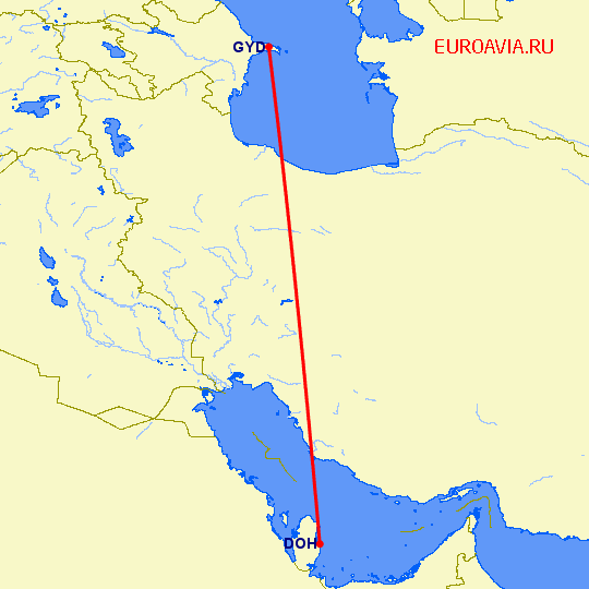 перелет Доха — Баку на карте