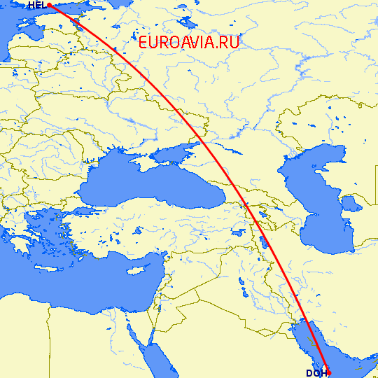 перелет Доха — Хельсинки на карте