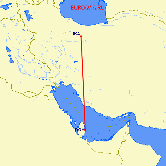 перелет Доха — Тегеран на карте