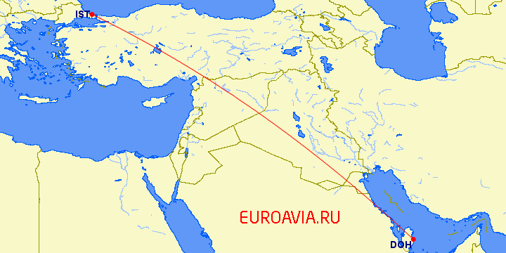 перелет Доха — Стамбул на карте