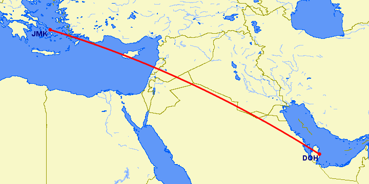 перелет Доха — Миконос на карте