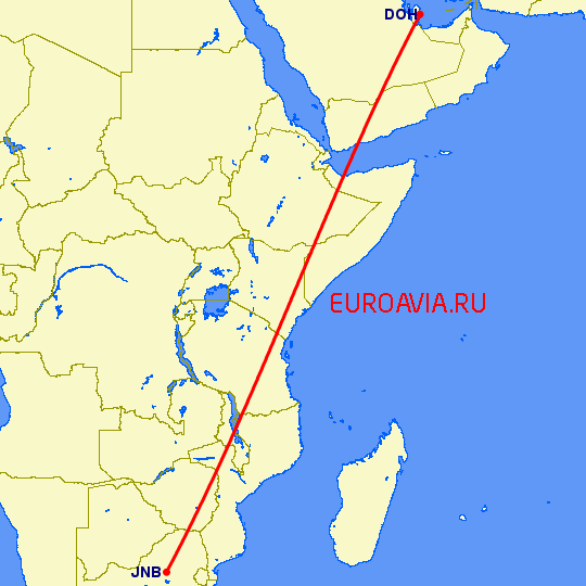 перелет Доха — Йоханнесбург на карте