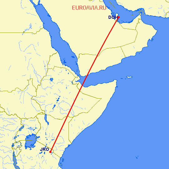 перелет Доха — Килиманджаро на карте